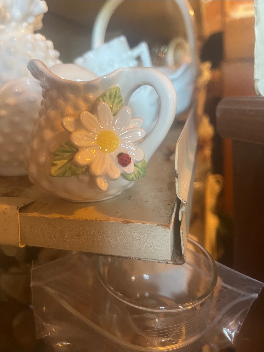 Vintage White Hobnail Milk Glass Creamer with Handles Al - Picture 2 of 3